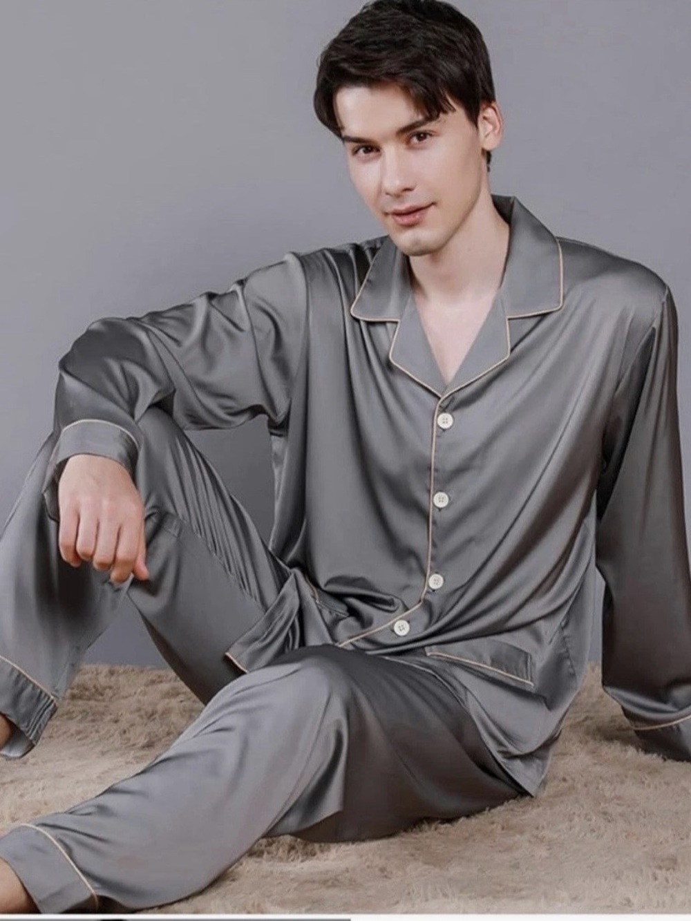 Men's Satin Grey Pajama Set with Contrast Trim